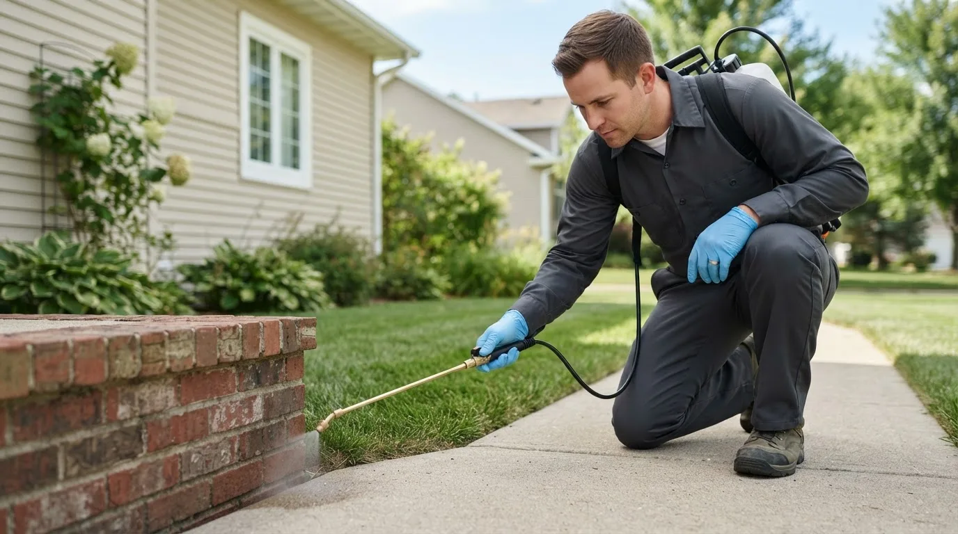 Pest control technician treating a home near Sturbridge, MA